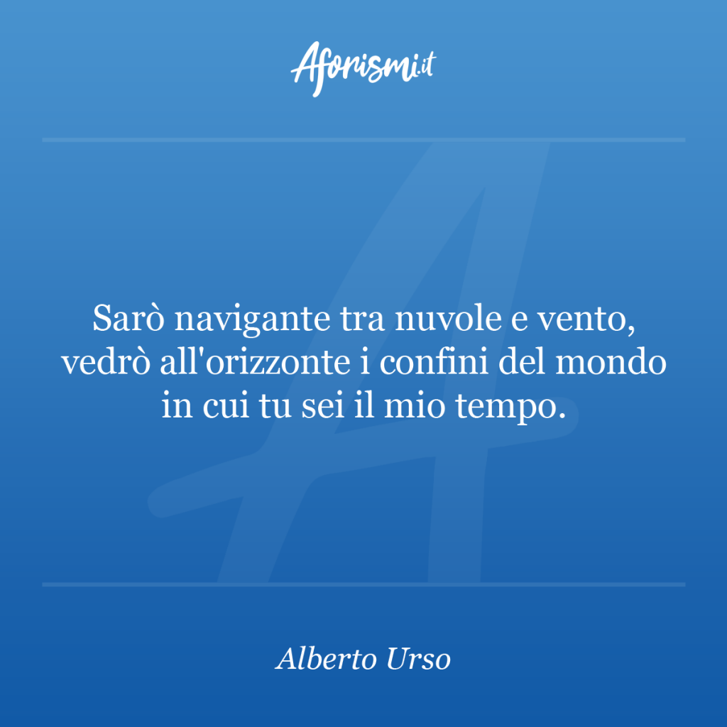 Aforisma Alberto Urso - Sarò navigante tra nuvole e vento, vedrò all'orizzonte i confini del mondo in cui tu sei il mio tempo.