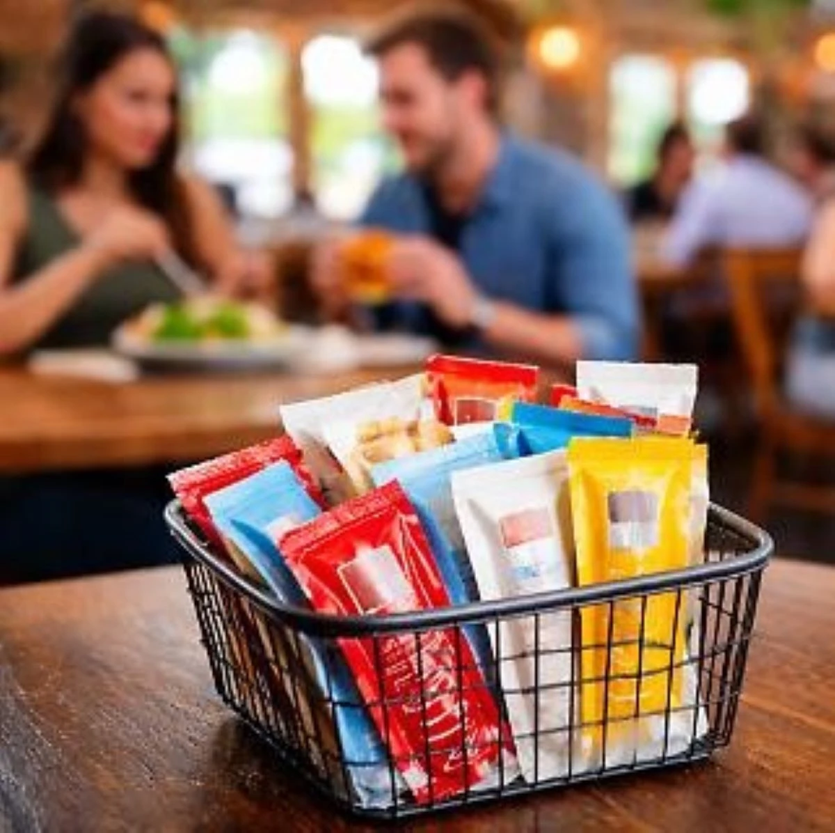 Bustine monouso di salse come ketchup e maionese