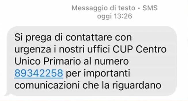 Messaggio truffa falso del Cup